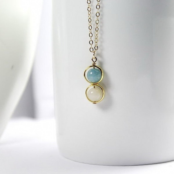 Geboortesteenketting met twee druppeltjes, sterlingzilveren geboortesteensieraden. gouden vermeil-cirkelketting.geboortesteencadeau voor 2 zussen en twee beste vrienden