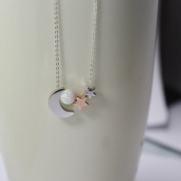 Opal Sun Moon Star Necklace, Moon star Jewelry,I love you to the moon and back gift. mother of 2 kids present,white opal sun jewelry. women