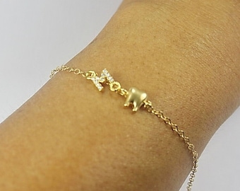 Gold initial tooth bracelet. gift for dentist,  Sideways initial dental, dentist, teeth, hygienist, dental nurse Gift for Sisters, ,Mom