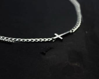 Horizontal cross necklace . Silver Cross  Jewelry-Faith Necklace for Man.  Father. Brother.  Son.First Communion Necklace, Baptism Jewelry,