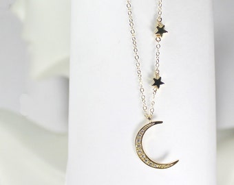 Gold Crescent Moon and Star necklace, Star and Moon Jewelry, add more stars 1,2,3,4 Stars  necklace,  I Love you to the moon and back