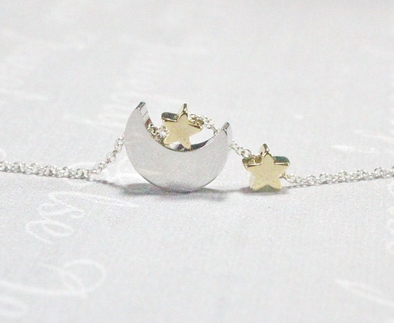 Moon Star Necklace silver Moon Necklace 2 or 3 Gold Stars Charm