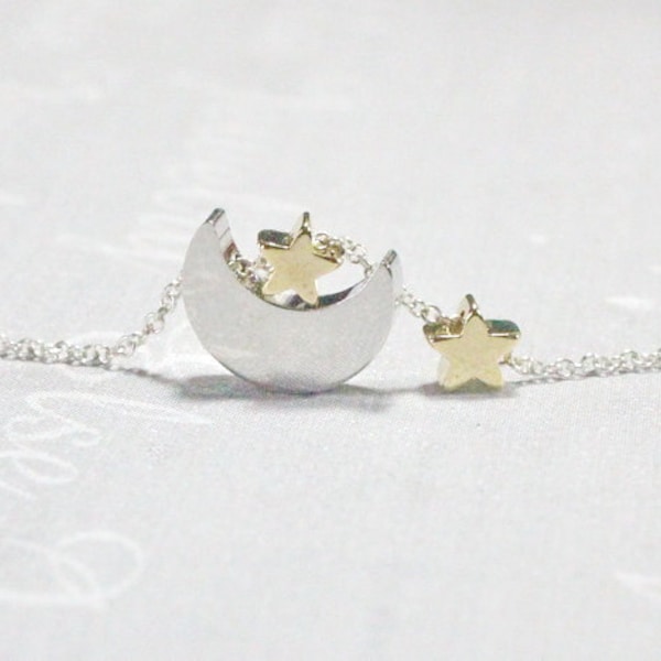 Moon Star Necklace -Silver Moon Necklace,2 or 3 Gold Stars Charm,Crescent Moon Jewelry,Dainty Jewelry Etsy.Presents For Mom.Baby.Family gift