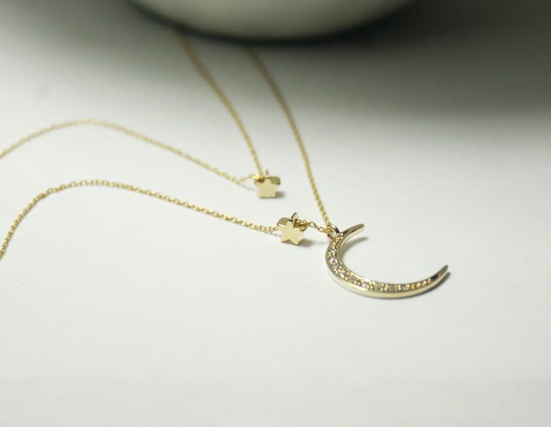 CZ Moon Necklace,2 layer necklace Gold Moon star necklace, Layered Necklace Moon with 2 star Necklace.Star and Crescent Moon Necklace