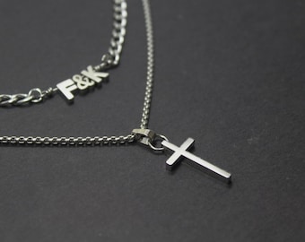 Anniversary Gift.Initial Cross jewelry.2 strand Cross necklace..Personalized Cross necklace. Custom Letters Layed Necklace.Couple Initials.