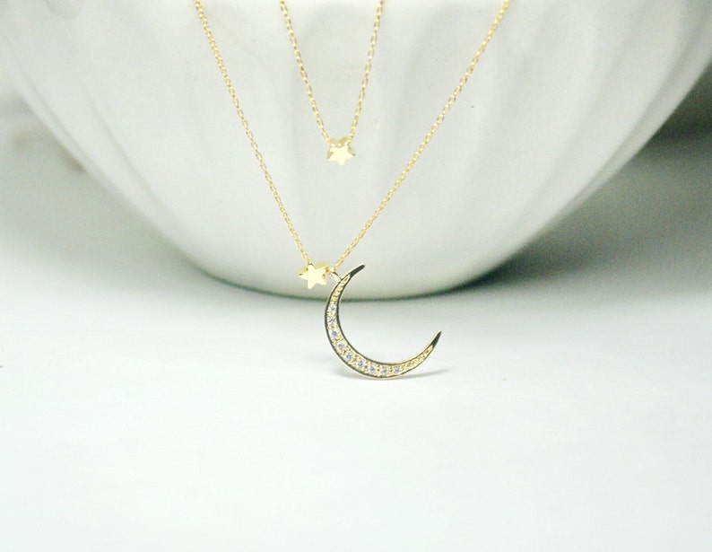 CZ Moon Necklace,2 layer necklace Gold Moon star necklace, Layered Necklace Moon with 2 star Necklace.Star and Crescent Moon Necklace
