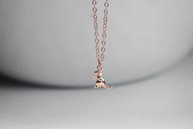 May include: A rose gold necklace with a small dinosaur pendant.