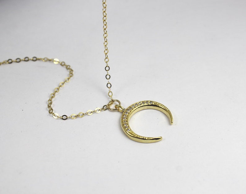 Gold CZ Horn necklace Upside Down Moon Necklace,Crescent Moon Jewelry Double Horn Layered Necklace,Sparkling horn necklace,Tusk Necklace