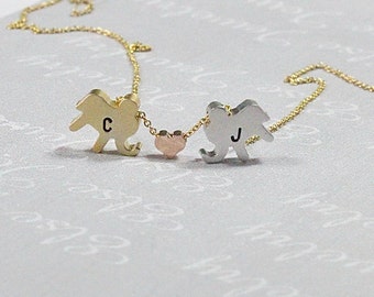 Personalized  Elephants With Heart Necklace - Gold Silver Rose Jewlery, Elephant Necklace, Initial Necklace, Lucky Elephant, Best Friends