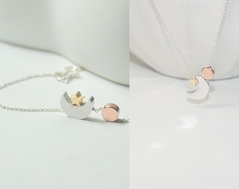 Sun Moon Star Jewelry,Three Tone Bracelet,Necklace,Moon bracelet ,Mixed metal necklace ,Sun Moon Star Jewelry,Minimalist Jewelry, Everyday .