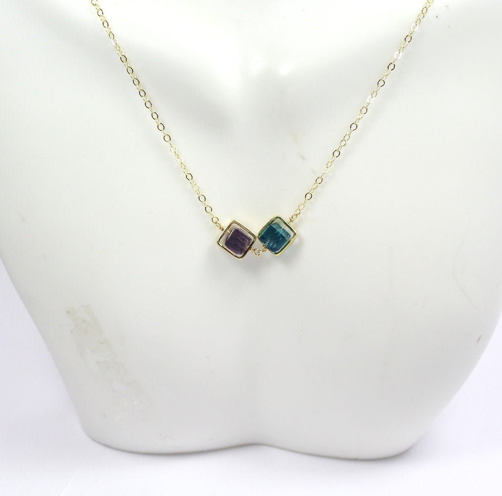 2 Hearts Nested 2 Round Birthstones Necklace - PaulaMax Jewelry