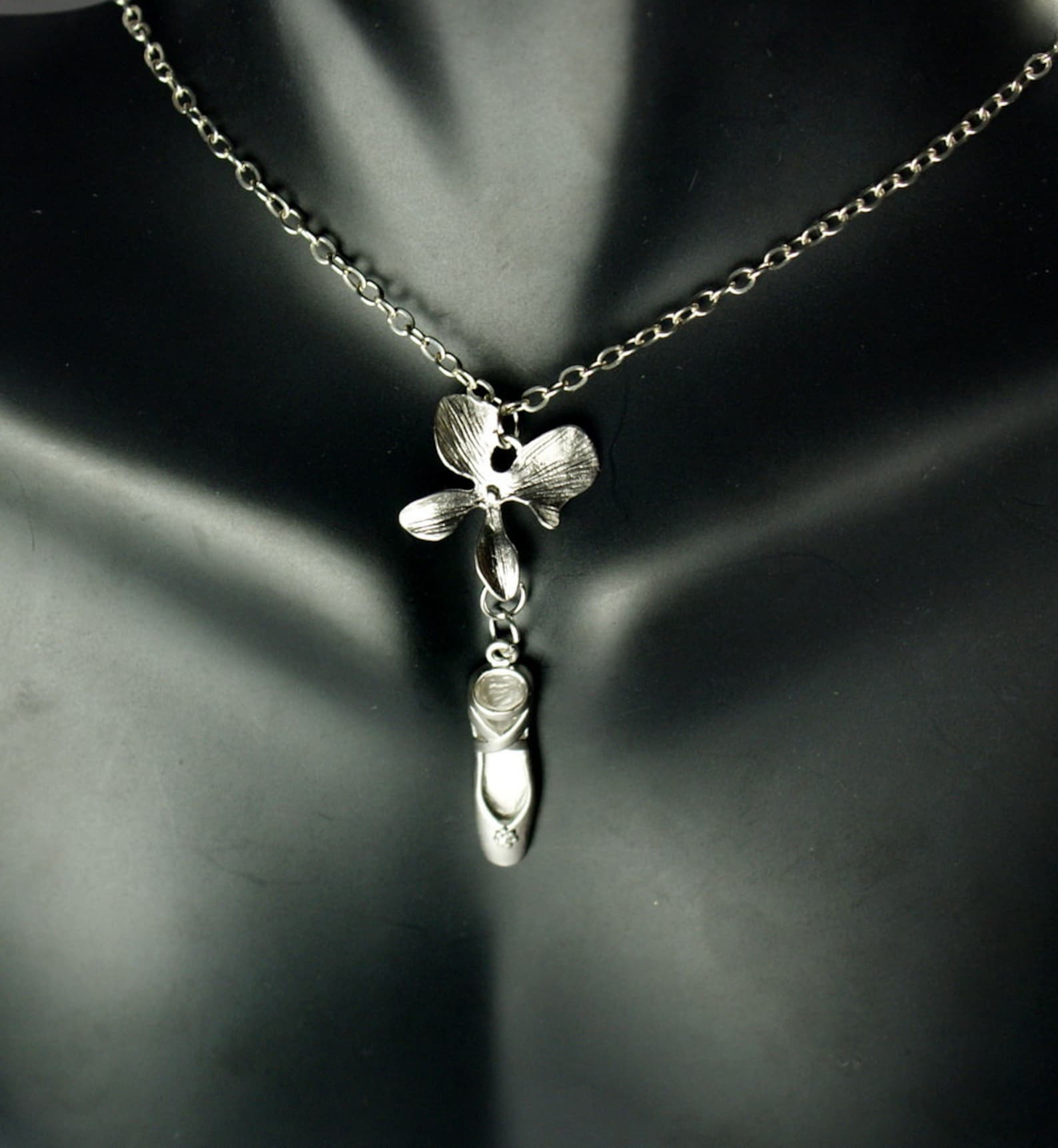 silver ballet orchid necklace - ballet slipper , pointe shoe,ballet dancer necklace,party collection ,holiday gift.ballerina dan