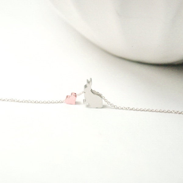 Bunny necklace , Silver or Gold Rabbit ,Bunny Jewelry  Rose Gold Heart Jewelry,Sisters Necklace Set ,Best Friends .Neice.Daughter Gifts