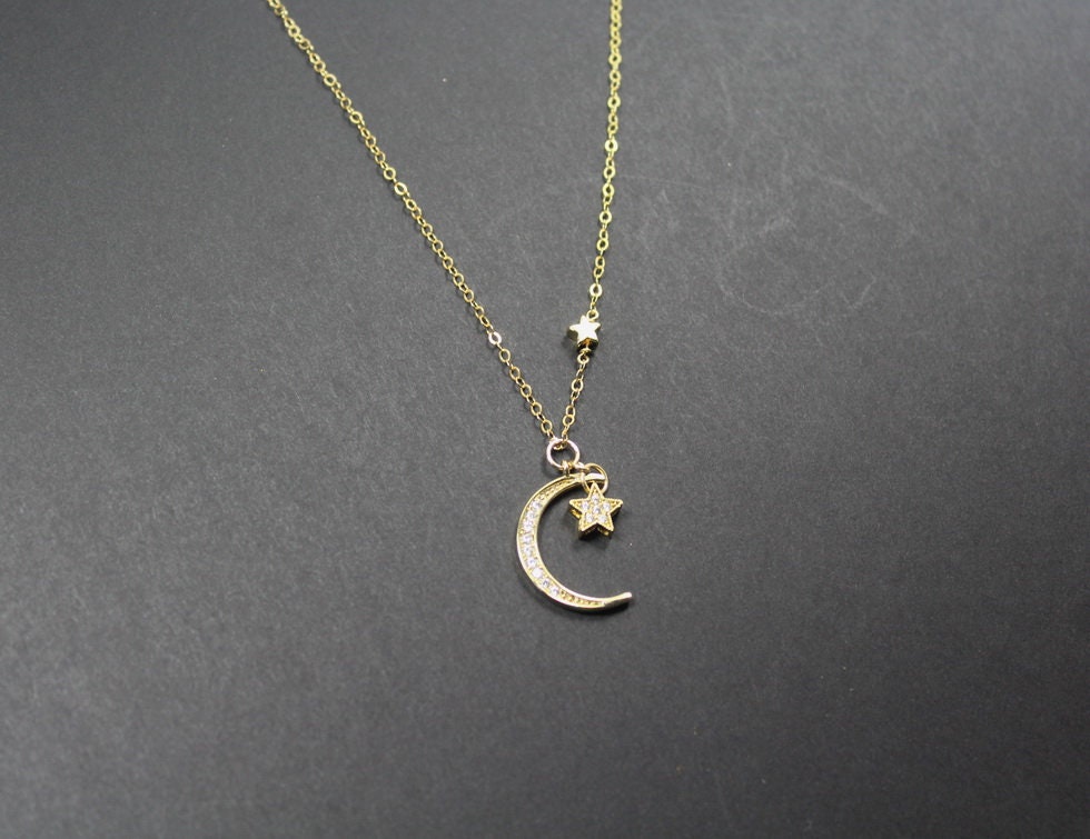 Moon Star Necklace, Crescent Moon Jewelry, Silver. Gold.or Rose