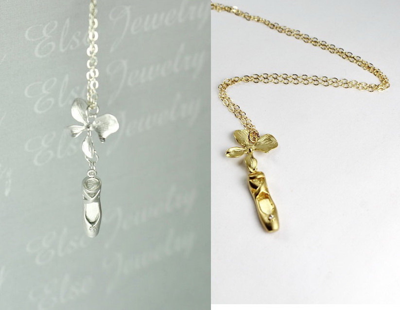 silver ballet orchid necklace - ballet slipper , pointe shoe,ballet dancer necklace,party collection ,holiday gift.ballerina dan