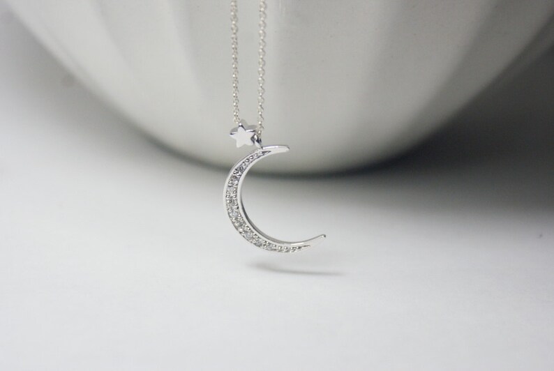CZ Moon Necklace,2 layer necklace Gold Moon star necklace, Layered Necklace Moon with 2 star Necklace.Star and Crescent Moon Necklace