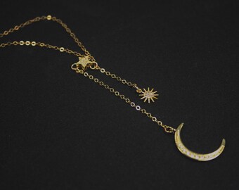 Celestial jewelry. CZ Sun moon star necklace. gift for bridal.sparkling charm,anniversary girlfriend .Crescent Moon Sun necklace.Moon star