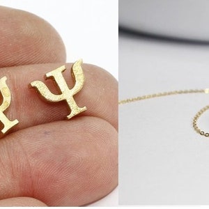 Gold Psi Buchstabe Halskette, griechischer Buchstabe Psi Schmuck, griechischer Anfangsschmuck Psi, griechisches Alphabet, Psi Anhänger.