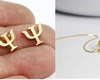 Gold Psi Letter necklace, Greek letter Psi Jewelry, Greek initial  Psi Jewelry, Greek Alphabet, Psi Charm .