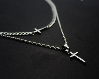 Layered Faith Cross Necklace. cross jewelry for him. silver cross Men necklace. Sideway cross.Christian catholic  gift, Religious gifts. god