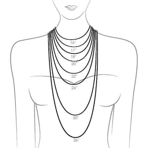 May include: A diagram showing different chain lengths for necklaces, ranging from 16 inches to 36 inches.