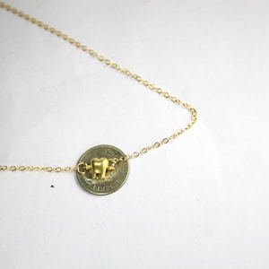 May include: A gold chain necklace with a small gold tooth charm. The charm is hanging from a coin.