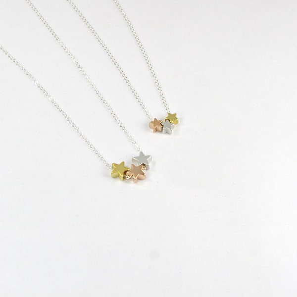 Three Stars Necklace, Three Colors Necklace, Medium size star NecklaceThree tone jewelry,Three Best Friends,Three Sisters Necklace