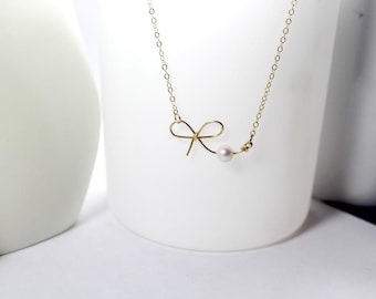 Collar de lazo con perlas. Pulsera "Ata el nudo", joyería de lazo. Pulsera simbólica, pulsera de nudo de eternidad, pulsera de dama de honor. Regalo de boda.