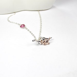 May include: A silver chain necklace with a pink gemstone charm and a silver and rose gold dinosaur charm.