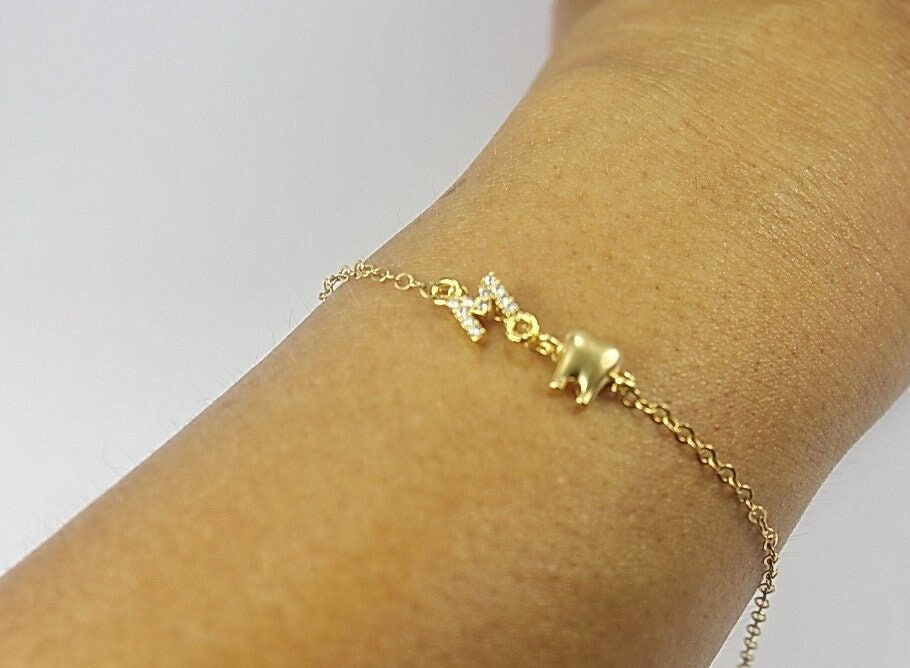 Gold initial tooth bracelet. gift for dentist, Silver Sideways initial dental, dentist, teeth, hygienist, dental nurse Gift for Sisters