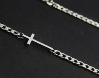 Sideway Cross Men necklace. Off Center cross necklace, Faith Gift for Him Silver Cross Jewelry-First Communion Necklace,Baptism Jewelry,