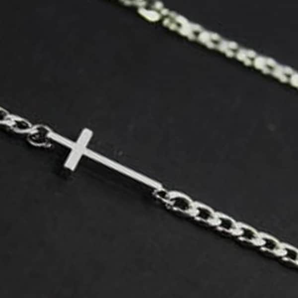 Sideway Cross Men necklace. Off Center cross necklace, Faith Gift for Him Silver Cross Jewelry-First Communion Necklace,Baptism Jewelry,