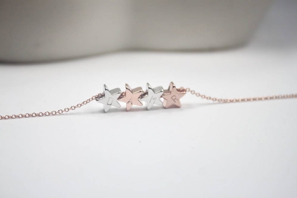 Four Stars necklace.4 stars bracelet.initial star . rose gold star .floating stars or stars fix the center jewelry.gift for 4 best friends