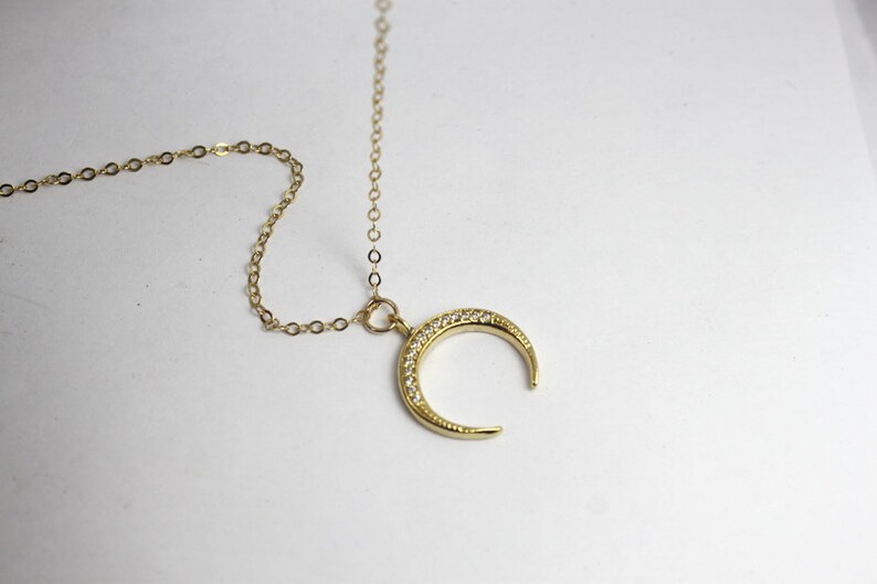 Gold CZ Horn necklace Upside Down Moon Necklace,Crescent Moon Jewelry Double Horn Layered Necklace,Sparkling horn necklace,Tusk Necklace