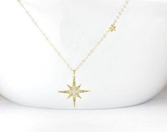 CZ Nordstern Halskette, Gold Nordstern Schmuck, Nordstern Halskette, Polaris Halskette, Nordstern Halskette, Geschenk für sie, Frauen Stern Halskette,
