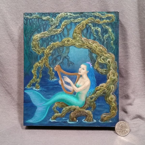 MERMAID HARP SONG by Audrey Rawlings Arena Original Oil Painting on Cradled Wood Panel