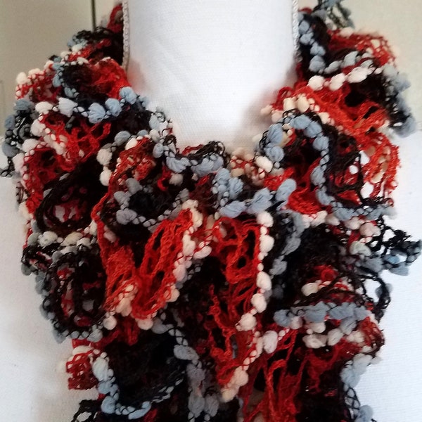 Hand Knit Ladies Ruffle, Frilly Scarf, Scarves & Wraps, Neck Scarf, Accessories-Orange/Black w/Pom Poms