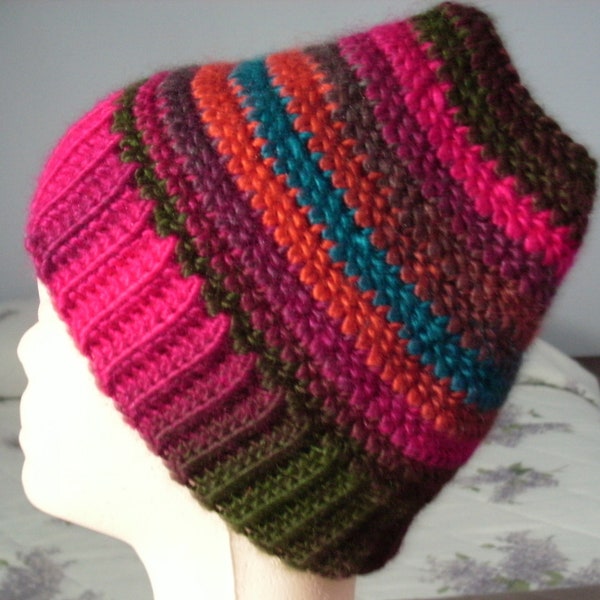 Crocheted Ponytail Hat, Messy Bun Hat, Open Top Hat, Ladies Winter Hats-'Tropics' Deep Pinks, Blues, Orange/Rust, Greens