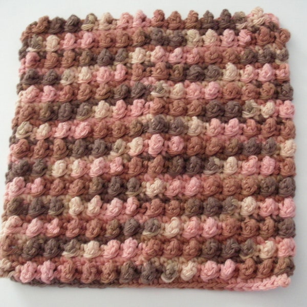 Hand Crocheted Cotton Dishcloth, Dish Rag, Wash Cloth, Kitchen Linens, Nubby Pattern-'Desert Rising' Brown/Pink Tones