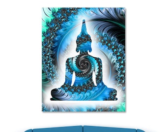 Buddha print on metal, teal Buddha art, aqua blue fractal wall art, Buddha silhouette, blue zen wall decor, teal Buddha design, om symbol