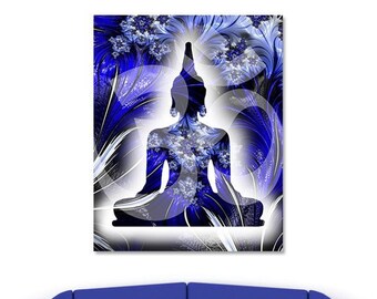 Buddha print on metal, blue Buddha art, royal blue fractal wall art, Buddha silhouette, blue zen wall decor, blue Buddha poster, om symbol