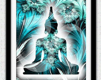 Teal Buddha print, teal blue Buddha wall art, teal blue fractal art, aqua blue black Buddha silhouette, aqua home decor, om symbol poster