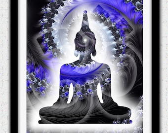 Buddha print, blue Buddha art, royal blue fractal wall art, Buddha silhouette, blue zen wall decor, blue Buddha poster, om symbol poster