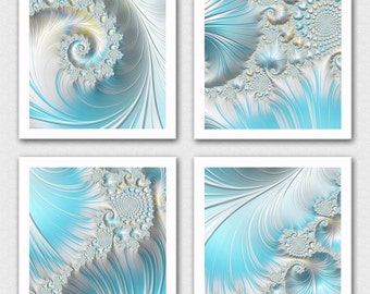 Aqua blue fractal print set, light blue decor, sea shell decor, 4 part art print, soft blue sea shell wall art, large light blue fractal art