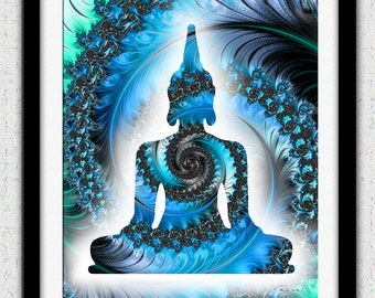 Teal Buddha print, teal blue Buddha wall art, teal blue fractal art, aqua blue black Buddha silhouette, aqua black decor, blue Buddha poster