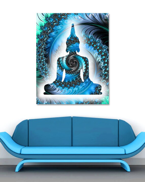 Buddha Print On Metal Teal Buddha Art Aqua Blue Fractal Wall Etsy