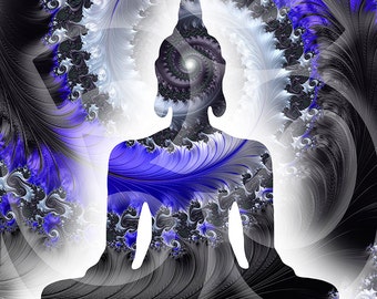 Buddha print, blue Buddha art, royal blue fractal art, buddha silhouette, zen decor, om symbol poster