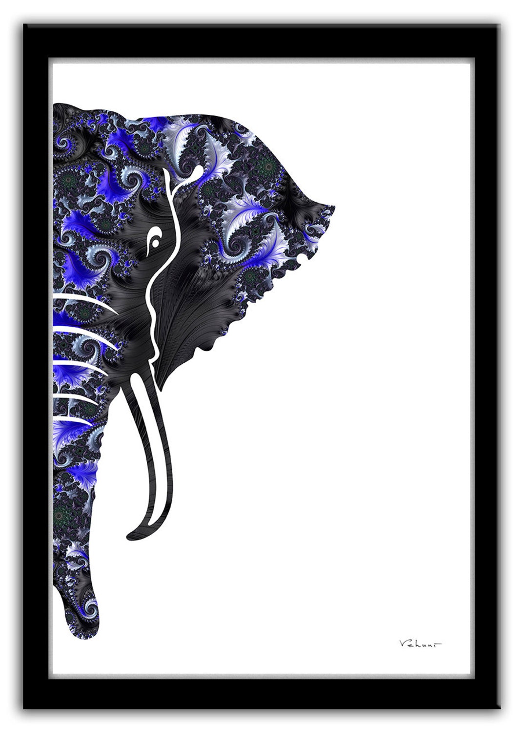 Blue Black Elephant Print, Blue Elephant Wall Art, Blue Black Fractal