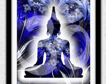 Buddha print, blue Buddha wall art, royal blue fractal art, Buddha silhouette art, blue zen wall decor, Buddha poster art, om symbol poster