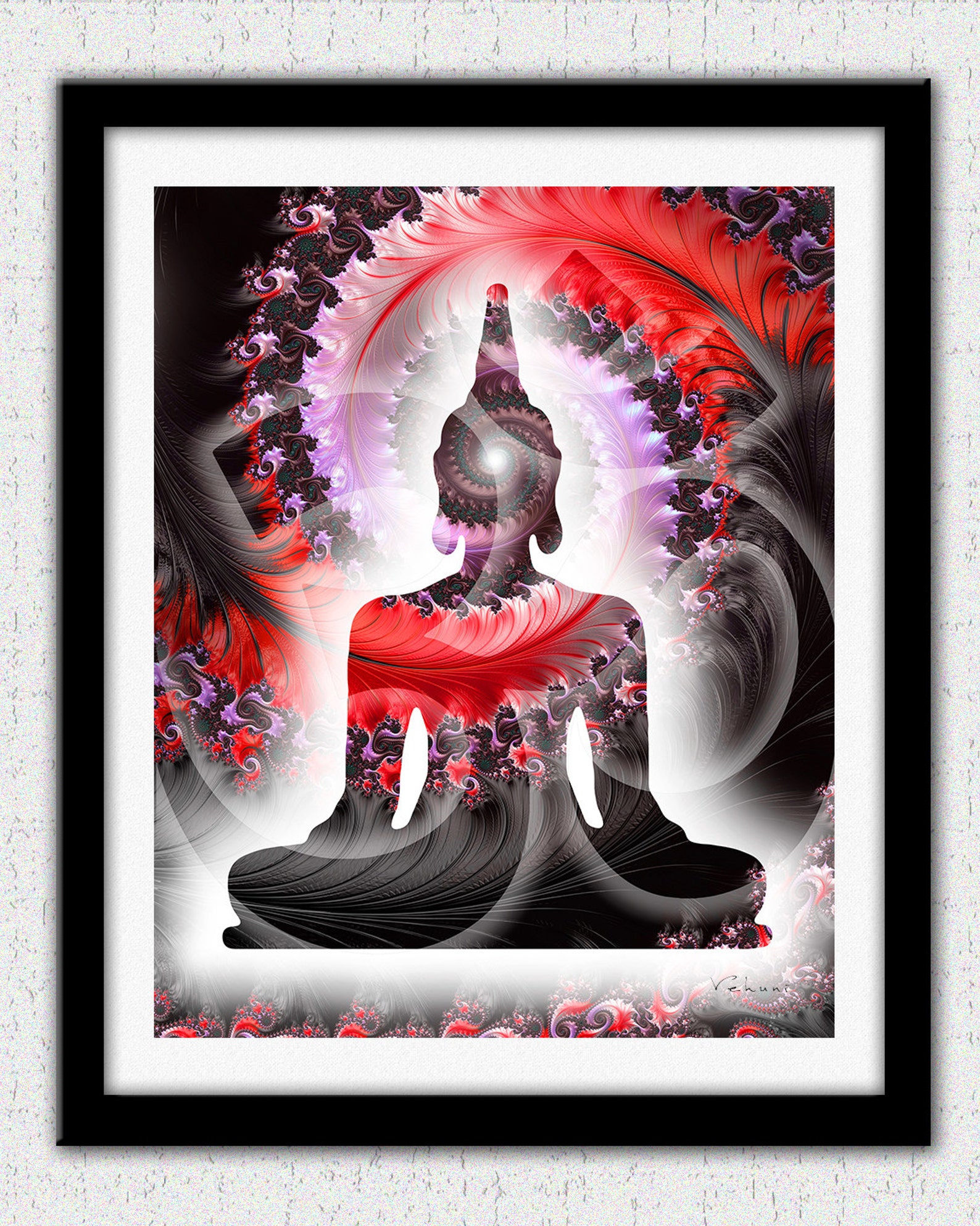 Buddha Print, Red Buddha Wall Art, Red Black Fractal Art, Red Black